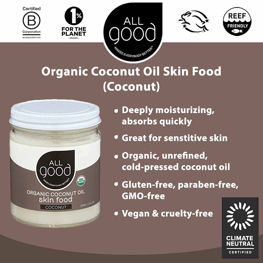 All Good Skin Food organic coconut oil bottle highlighting pure ingredients for radiant skin.