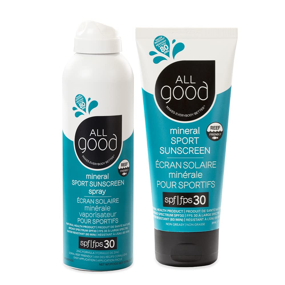 All Good Sport sunscreen spray 6oz for quick, lightweight sun protection on the go.