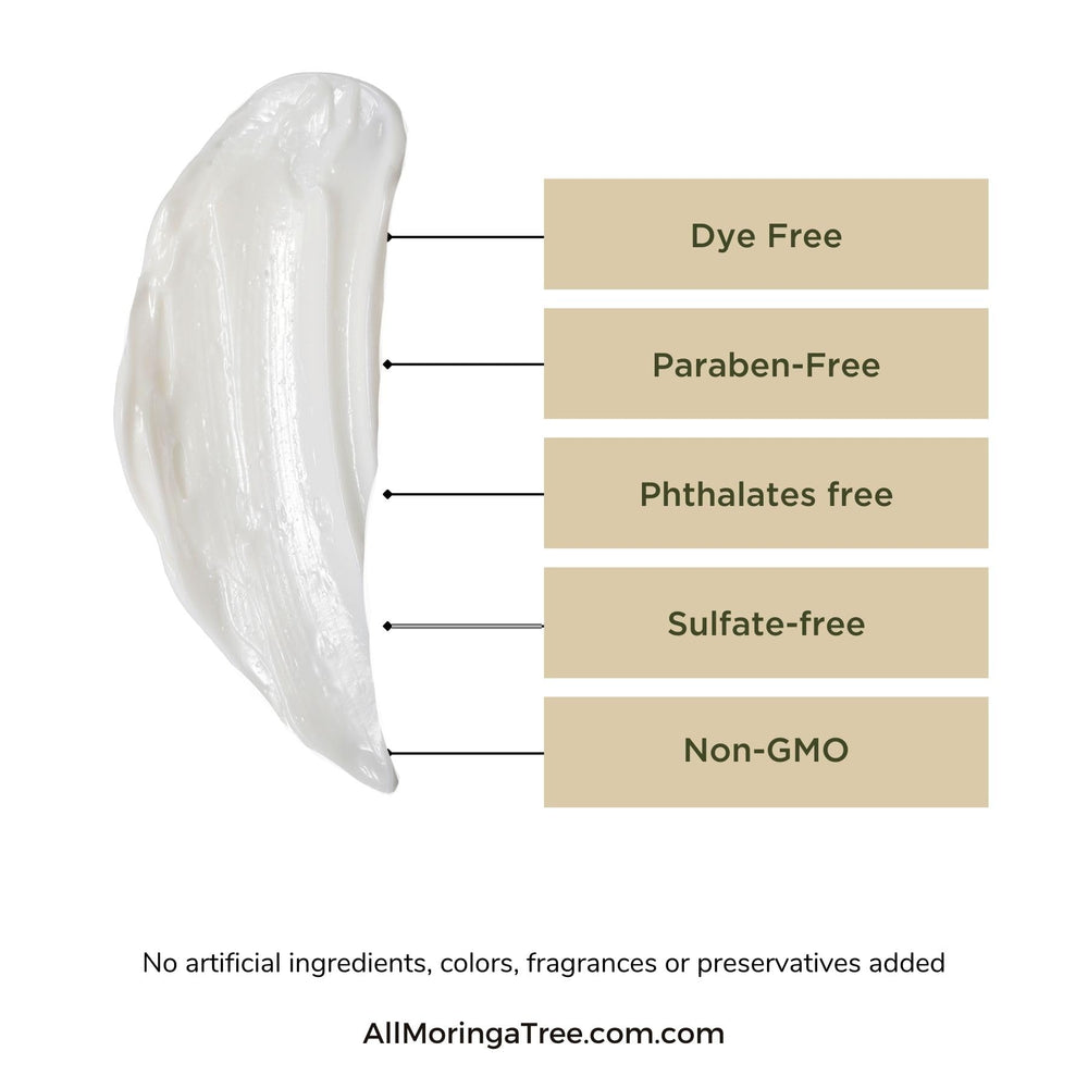 All Moringa ingredients panel shows moringa oil and jasmine essence.