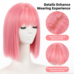 Allbell pink bob wig 12in back view demonstrates balanced silhouette for everyday styling.