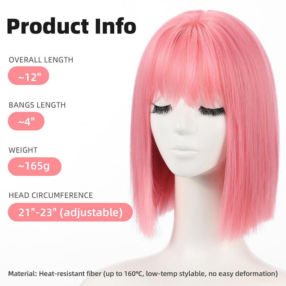 Allbell pink bob wig 12in bangs closeup emphasizes realistic fibers and gentle framing.