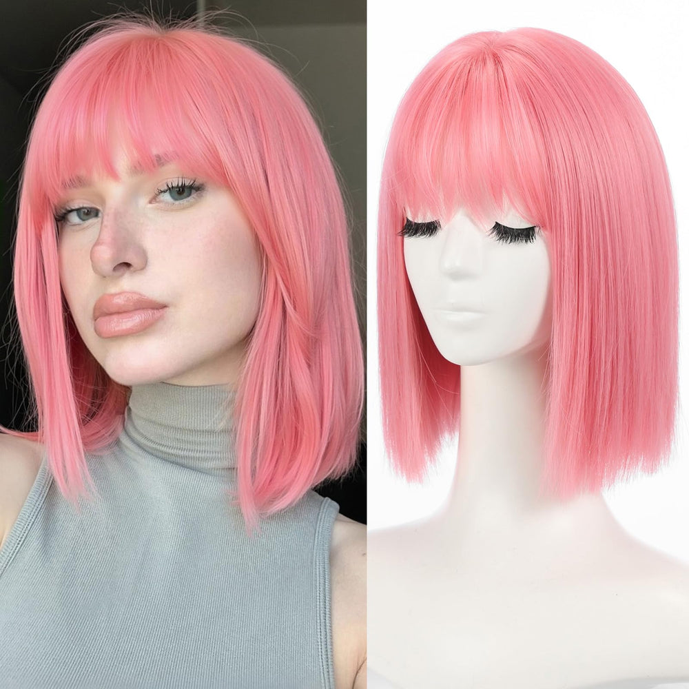 Allbell pink bob wig 12in front view offers versatile daily wear and subtle glamour.