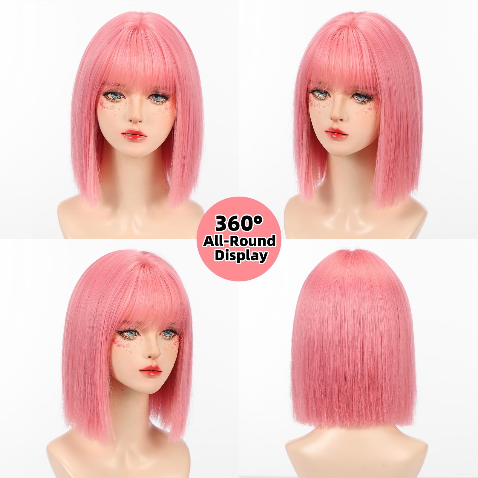 Allbell pink bob wig 12in side view shows natural texture for easy cosplay.