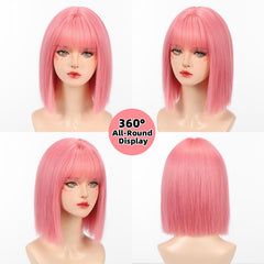 Allbell pink bob wig 12in side view shows natural texture for easy cosplay.
