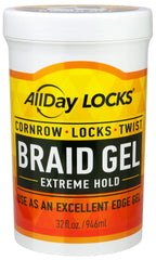 AllDay Locks Braid Gel jar front view shows strong hold and shine.