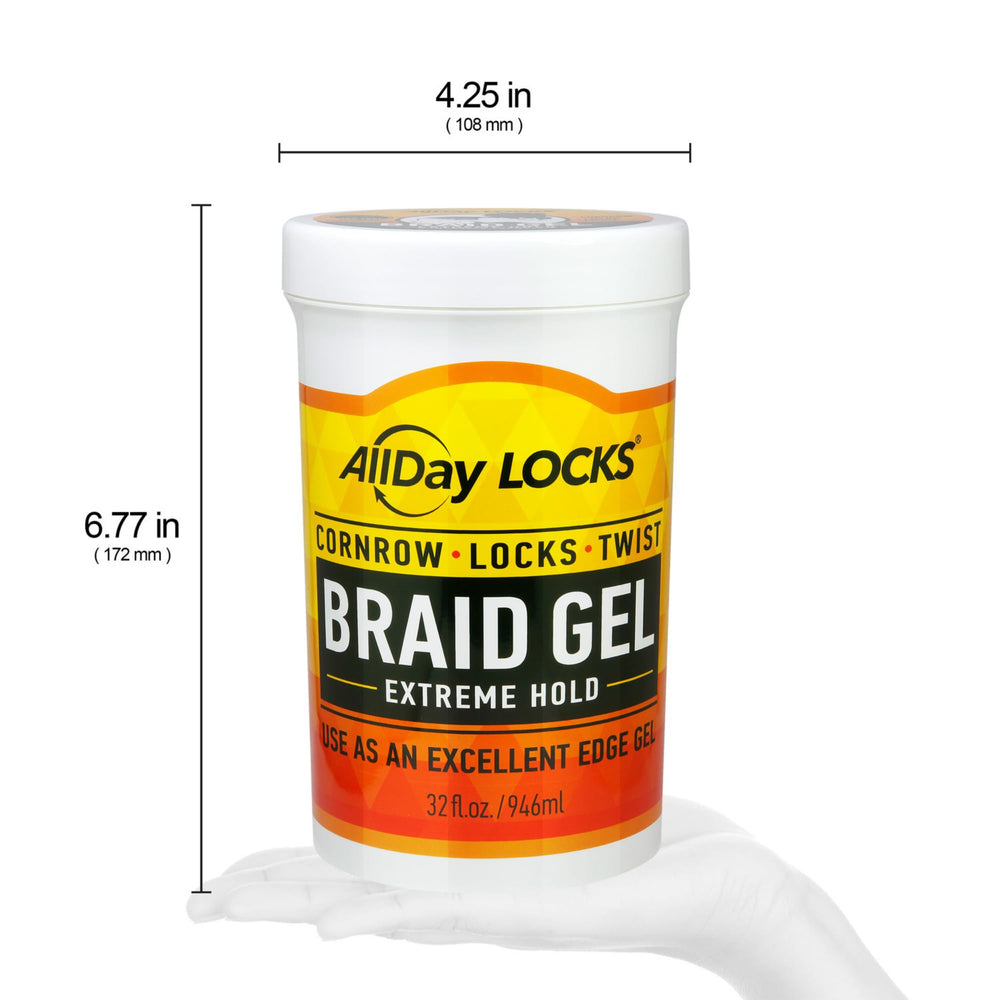AllDay Locks Braid Gel jar displays a glossy, frizz-free finish.