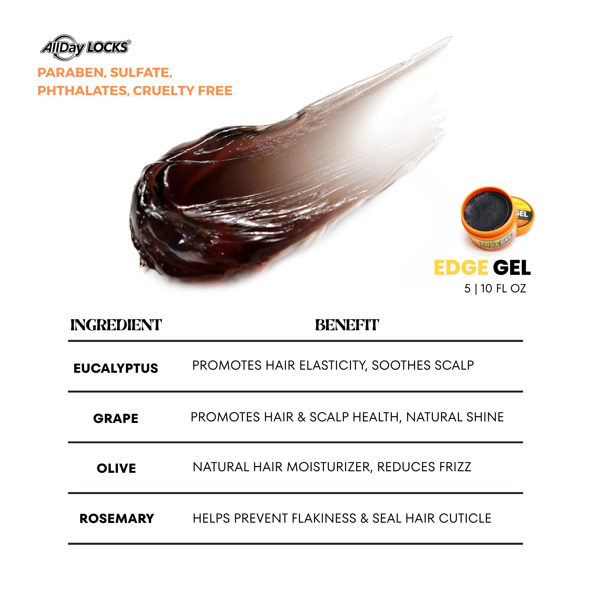 AllDay Locks Edge Gel brushed through hair to demonstrate hold.