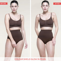 Alleven Color Shield leaves a subtle gold shimmer on skin for glow.