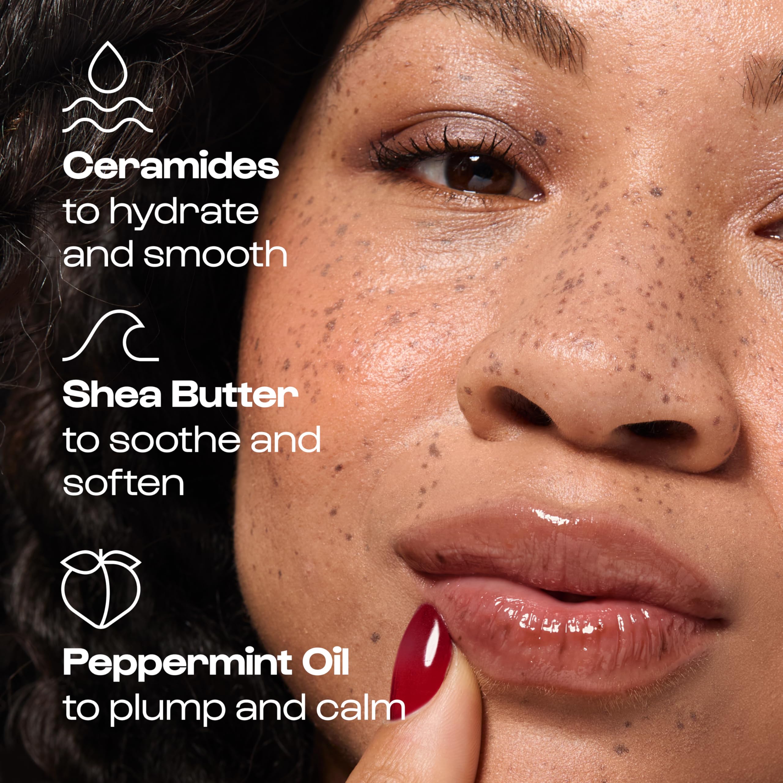 ALLEYOOP Lip Goals Trio texture close-up reveals silky, non-sticky shine on lips.
