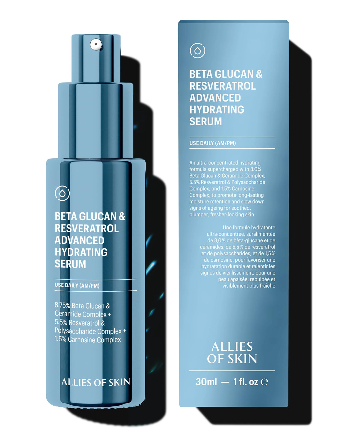 Allies of Skin beta glucan resveratrol serum bottle with pump for deep hydration