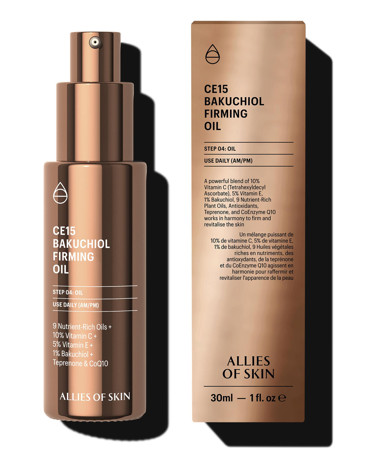 Allies of Skin CE15 Bakuchiol Firming Oil bottle with premium packaging for deep hydration.