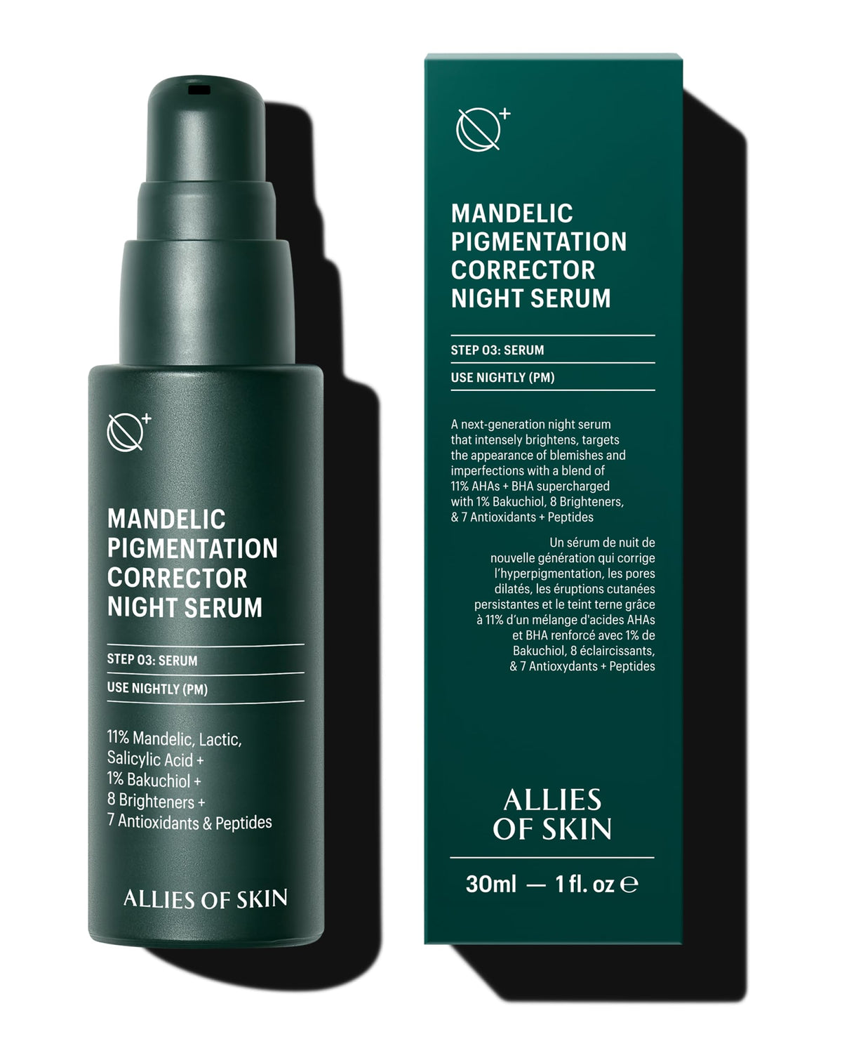 Allies of Skin Mandelic Pigmentation Corrector Night Serum bottle close-up for nightly brightening