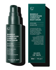 Allies of Skin Mandelic Pigmentation Corrector Night Serum bottle close-up for nightly brightening