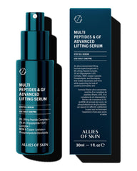 Allies of Skin bottle showcases the multi-peptides growth factor formula for firming skin.