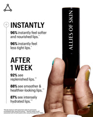 Allies of Skin sea buckthorn oil glow highlights antioxidant rich nourishment for lips.