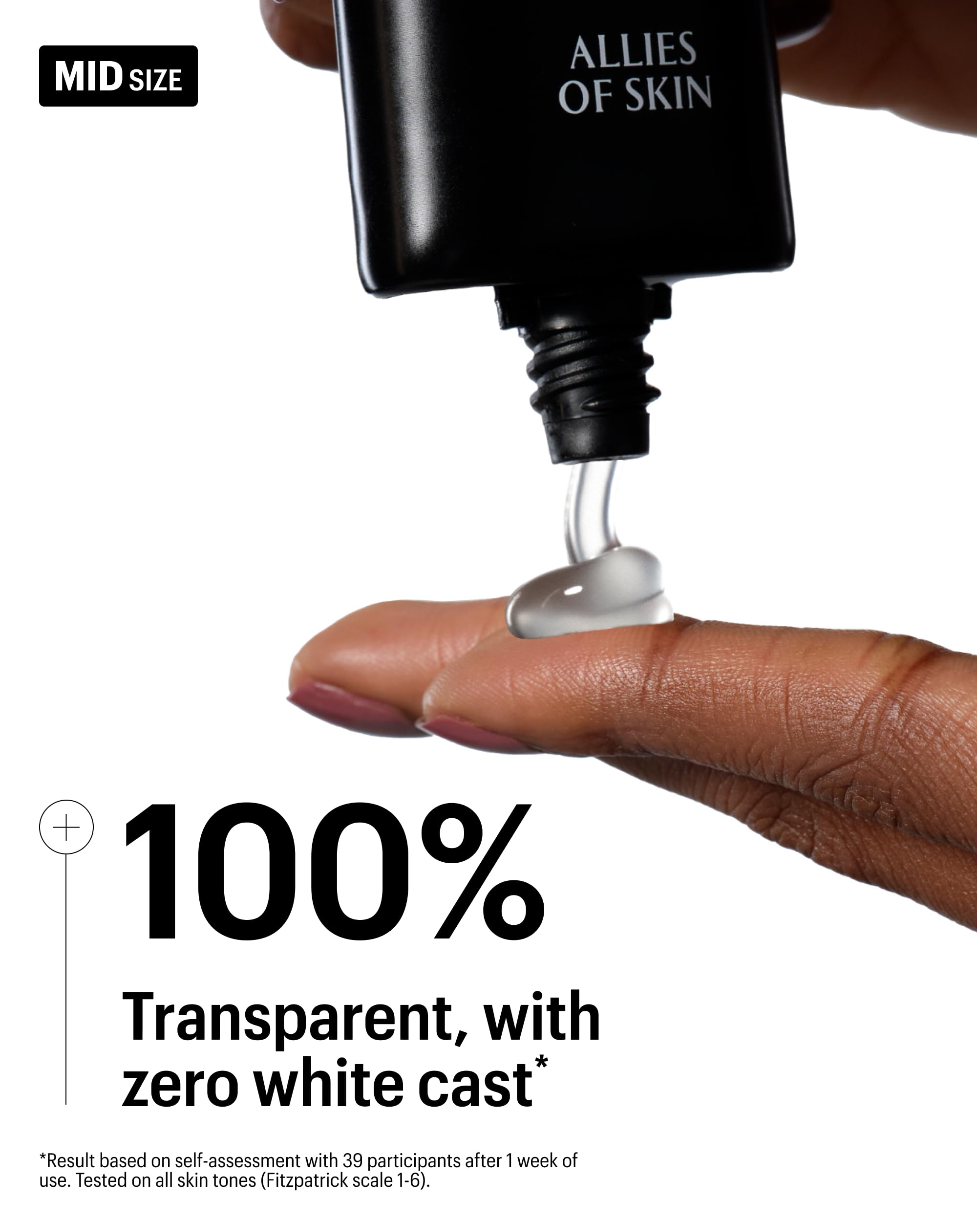 Allies of Skin SPF 50 transparent gel texture on hand shows zero white cast