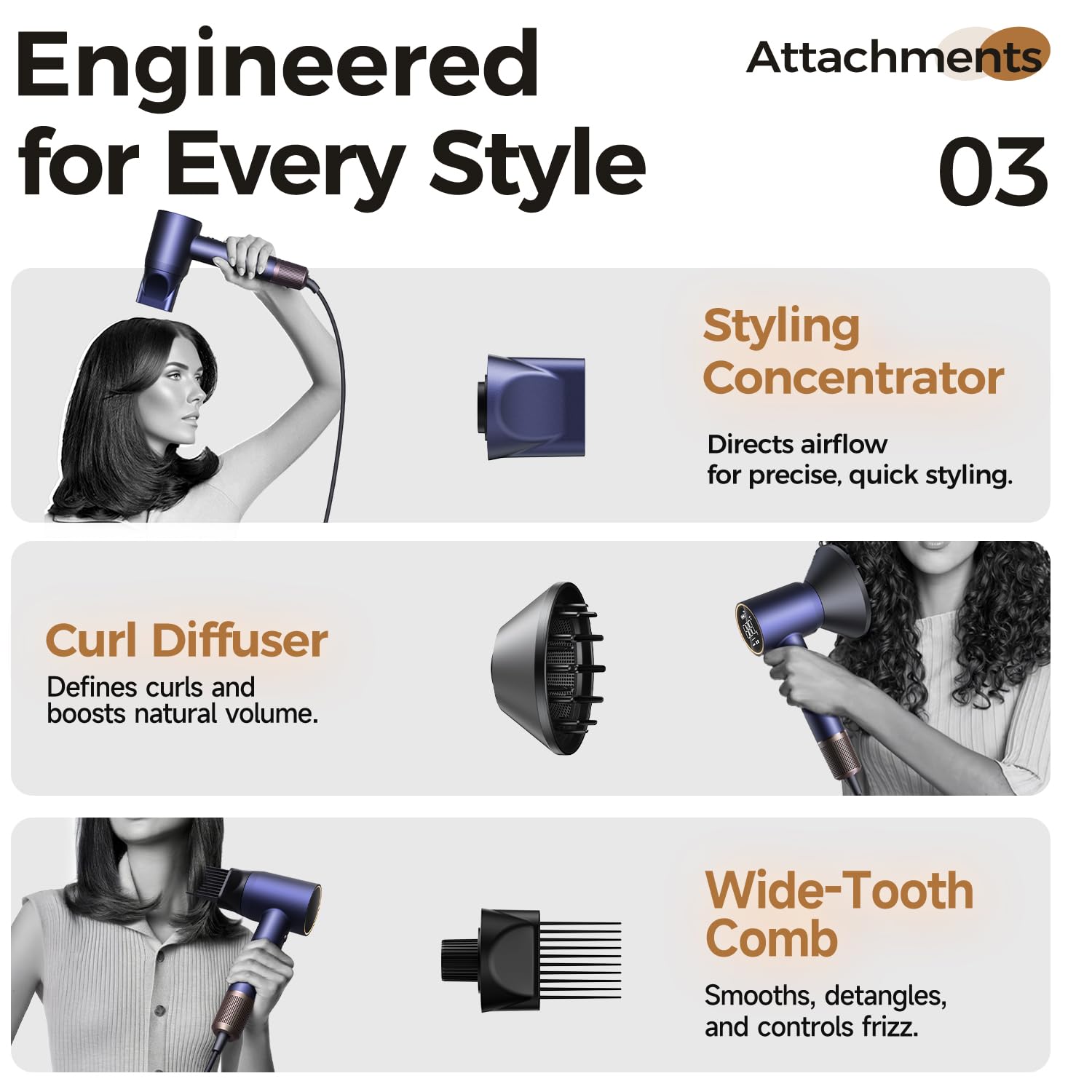 Alloom wide-tooth comb attachment adds volume while protecting hair from heat.