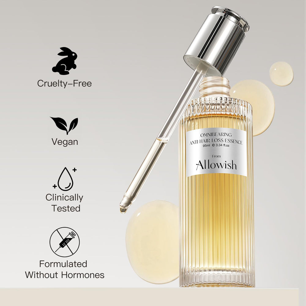 Allowish Hair Growth Serum healthy scalp close-up suggesting anti-frizz and improved hair health