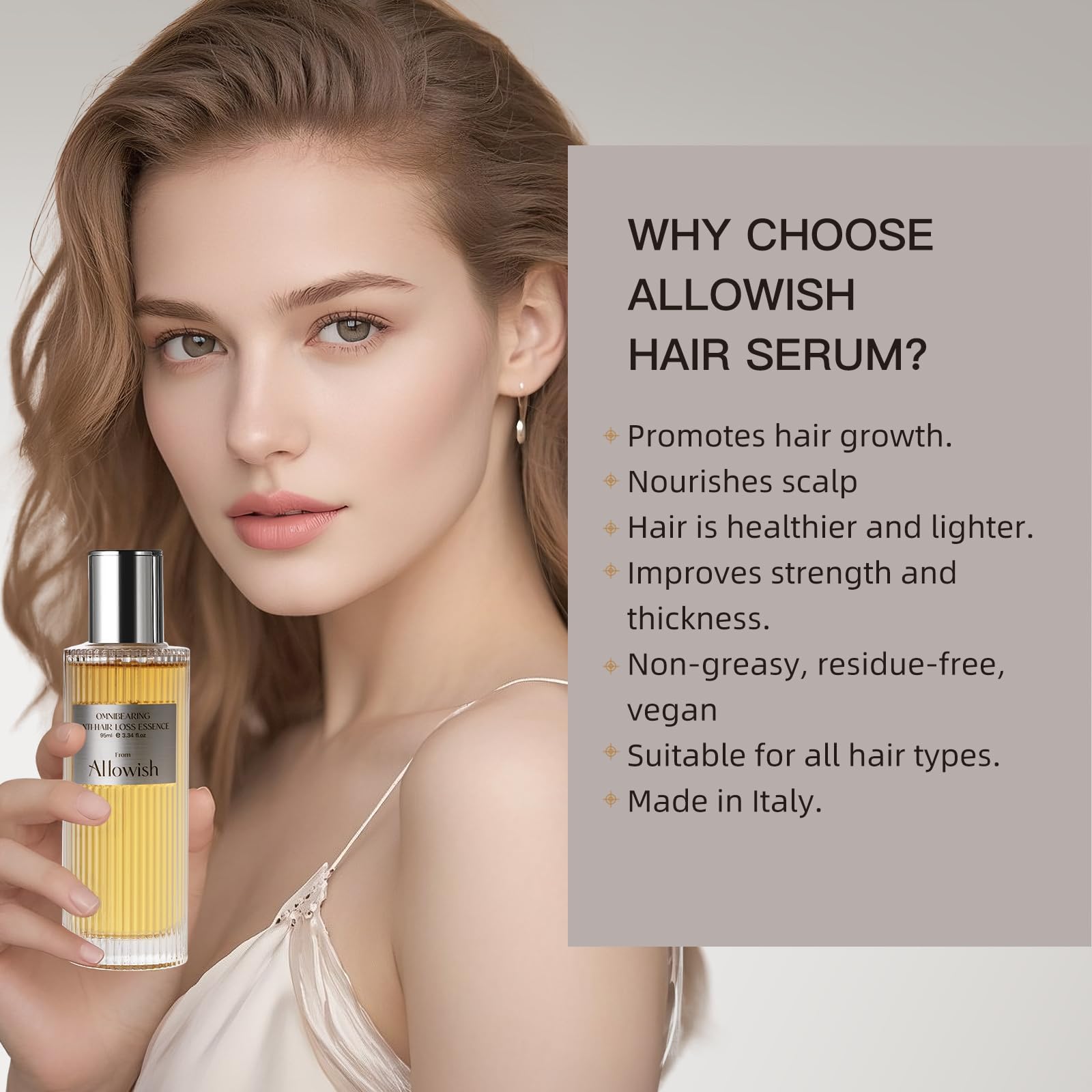 Allowish Hair Growth Serum ingredients caffeine biotin shown on label for scalp care