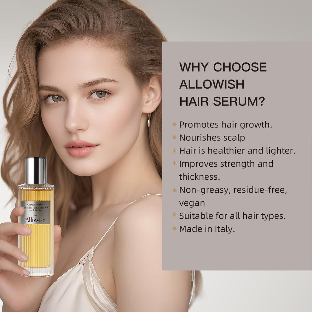 Allowish Hair Growth Serum ingredients caffeine biotin shown on label for scalp care