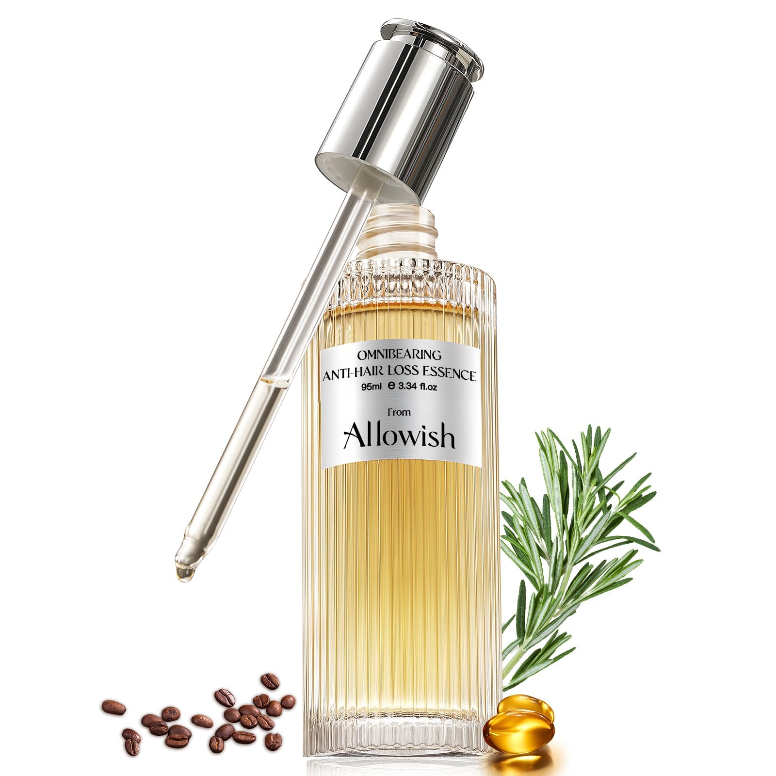 Allowish Hair Growth Serum rosemary bottle highlighting nourishing formula for fuller hair