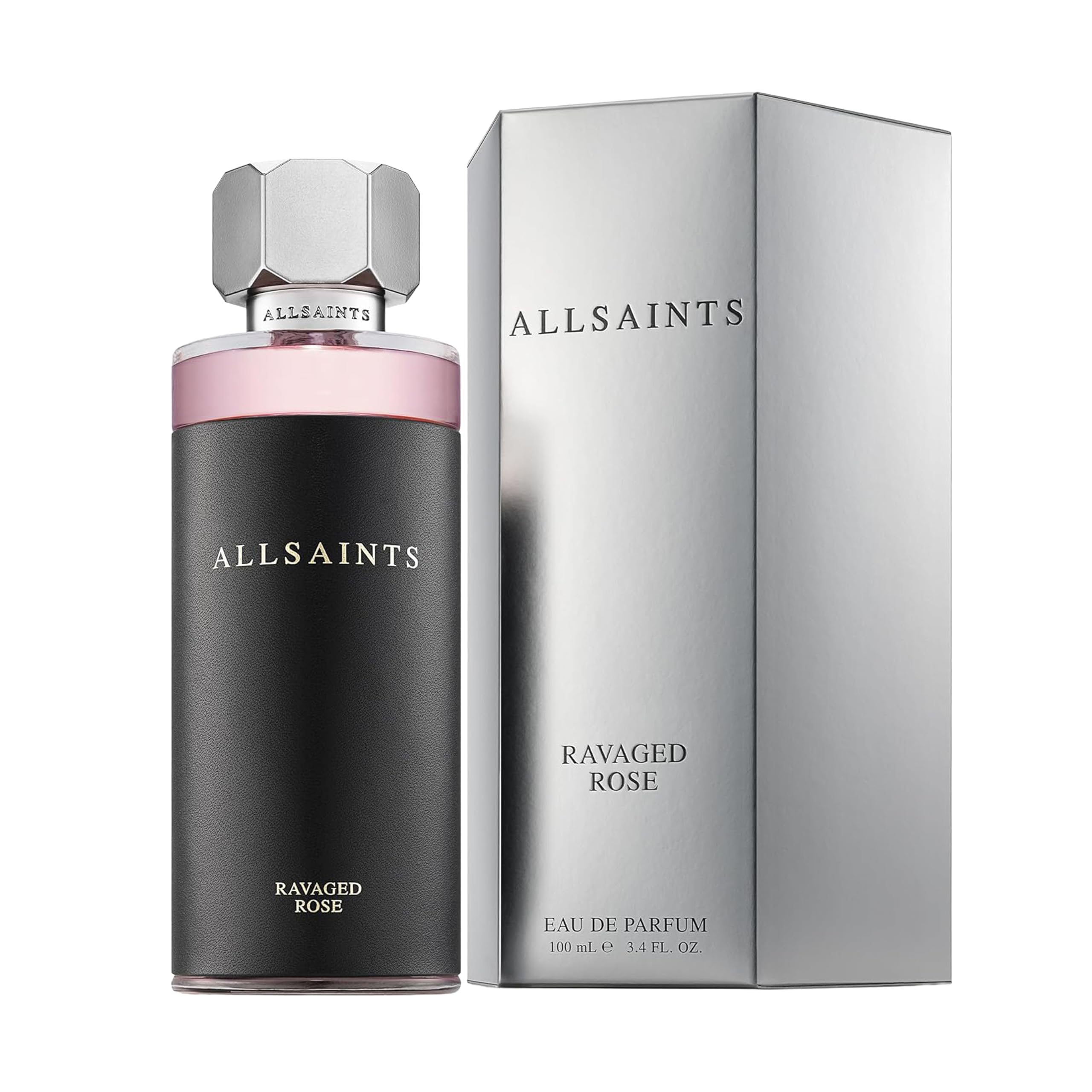 AllSaints Ravaged Rose bottle cap close-up showing premium leather-wrapped packaging.