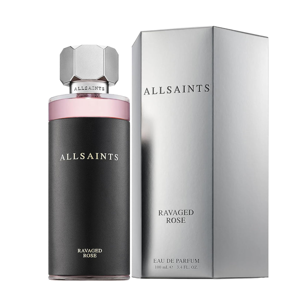 AllSaints Ravaged Rose bottle cap close-up showing premium leather-wrapped packaging.