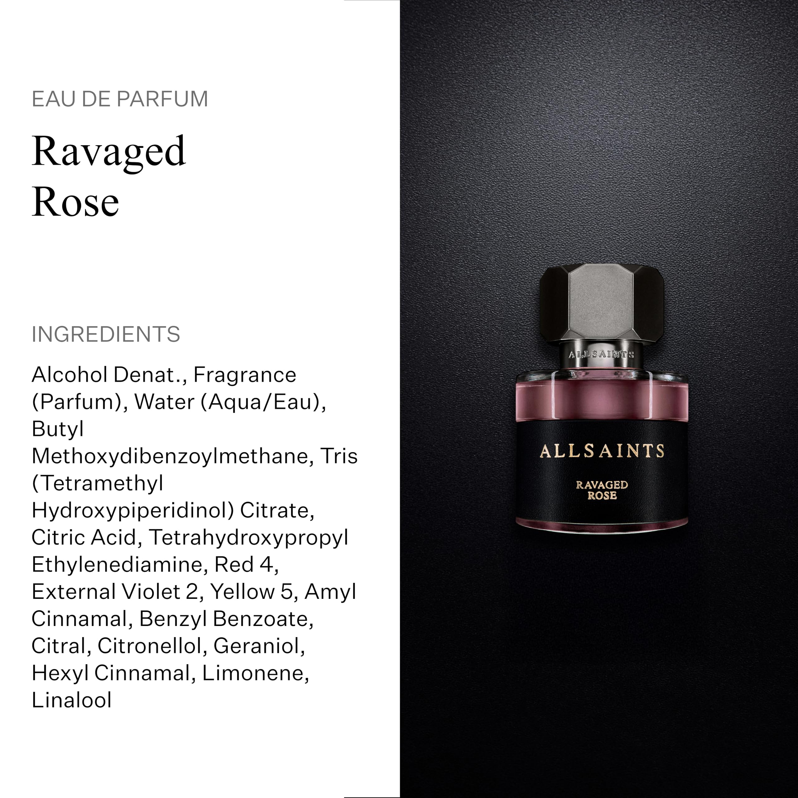 AllSaints Ravaged Rose perfume in glass bottle with versatile daytime and evening appeal