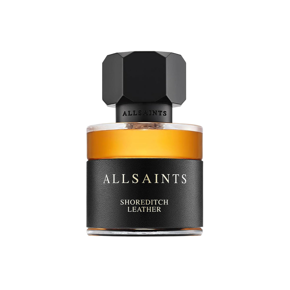 AllSaints Shoreditch Leather EDP bottle, sleek unisex scent for evenings.