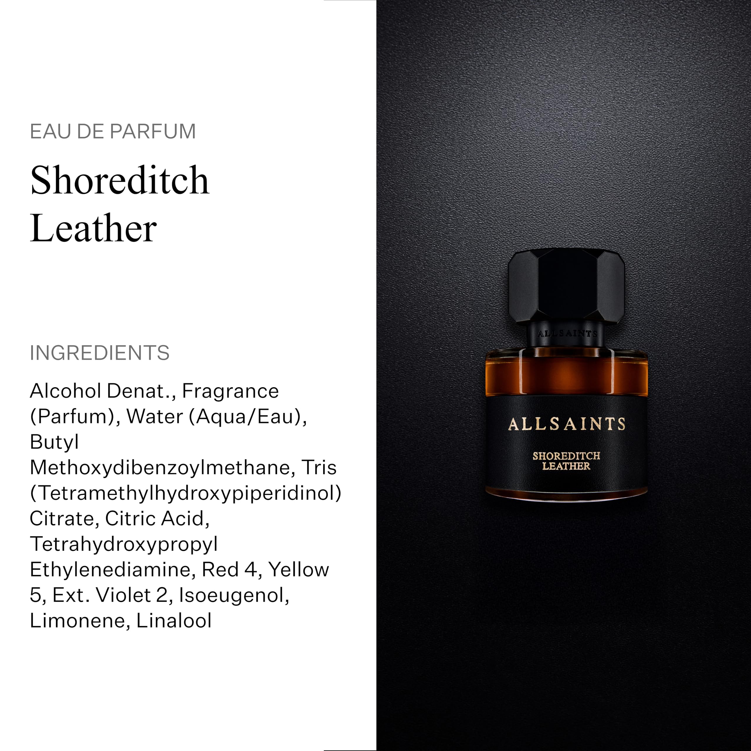 AllSaints Shoreditch Leather EDP packaging box, luxury gifting and collection appeal.