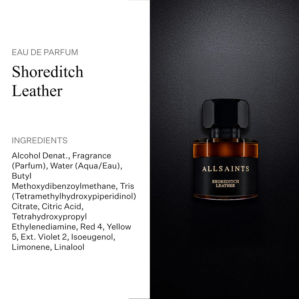 AllSaints Shoreditch Leather EDP packaging box, luxury gifting and collection appeal.
