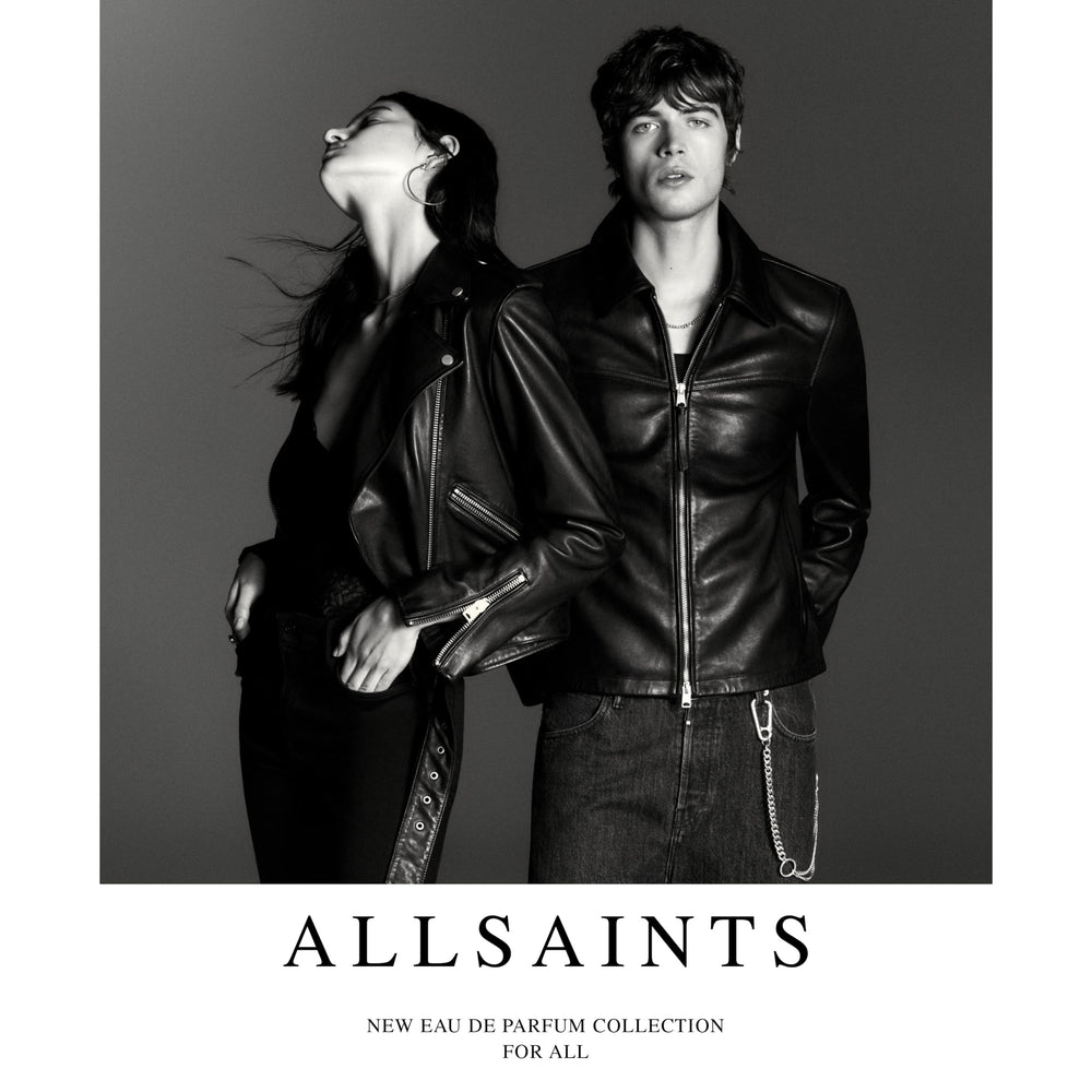 AllSaints Shoreditch Leather EDP being applied for a night-ready routine