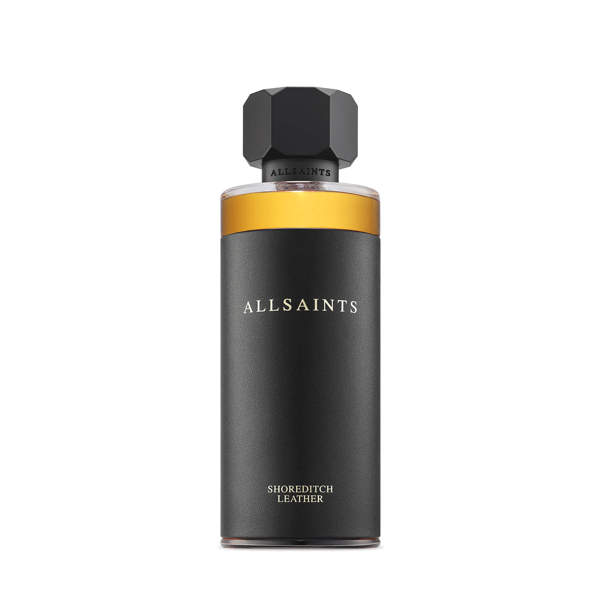 AllSaints Shoreditch Leather EDP bottle closeup showing warm leather notes for evening wear