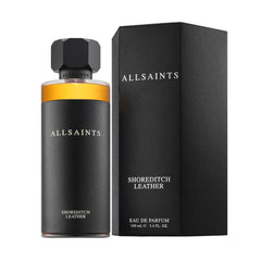 AllSaints Shoreditch Leather EDP cap detail highlighting sleek metallic accents