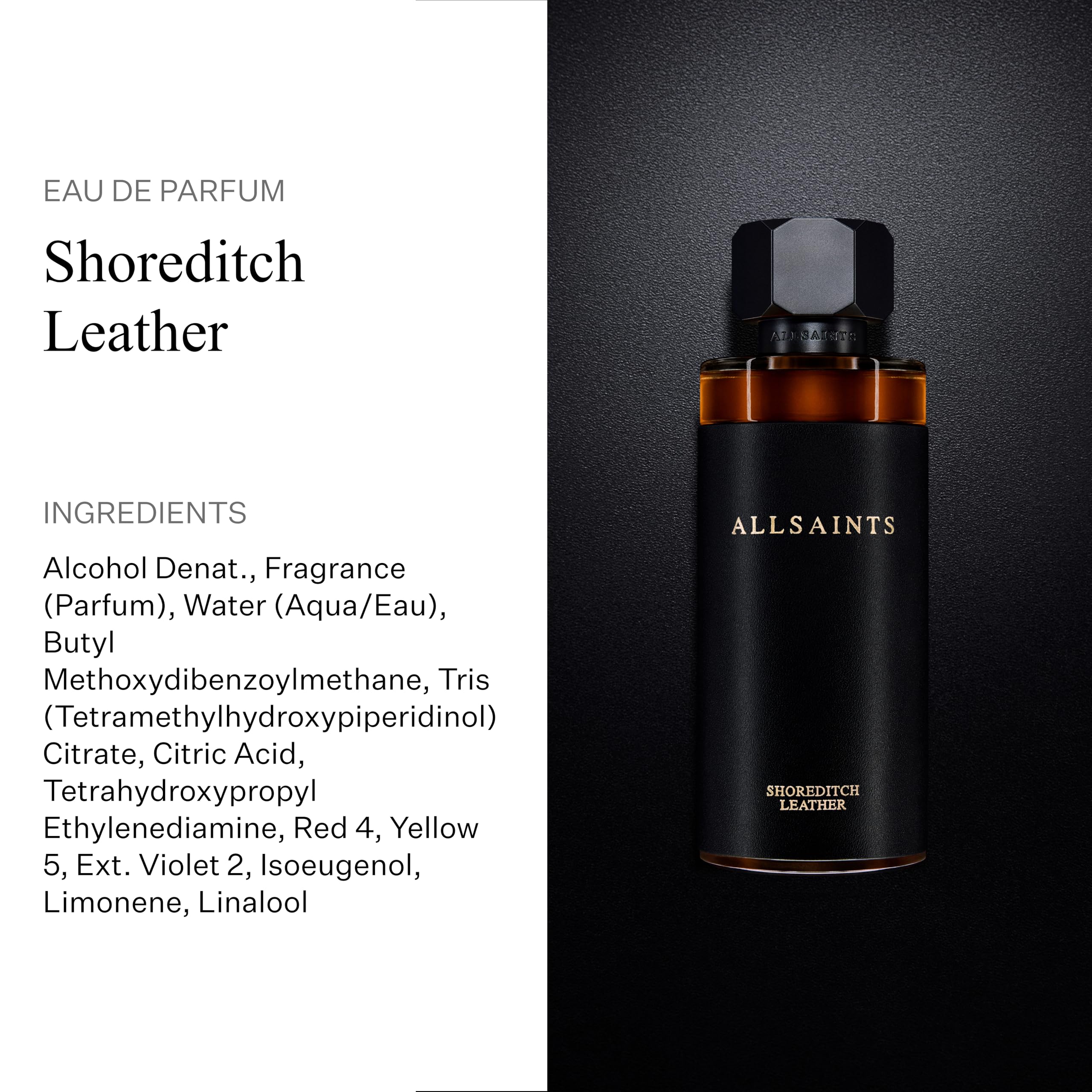 AllSaints Shoreditch Leather EDP glass bottle on dark surface conveys unisex versatility