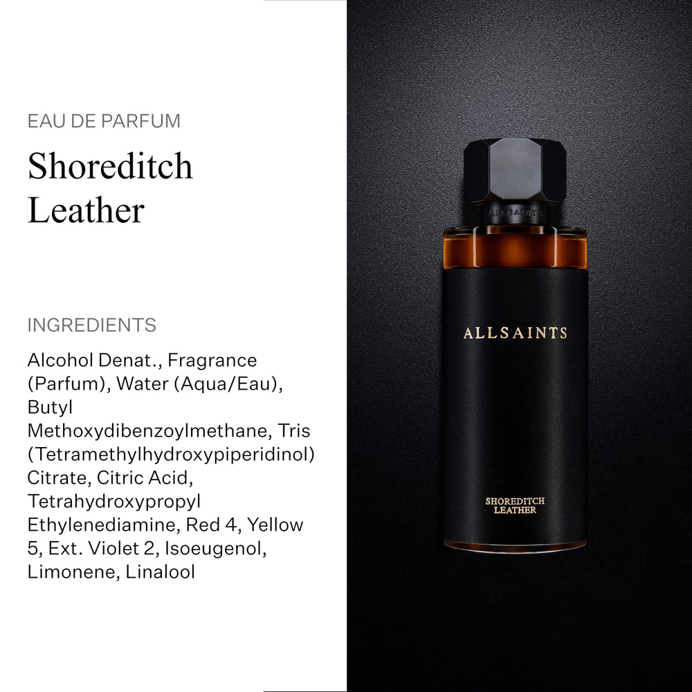 AllSaints Shoreditch Leather EDP glass bottle on dark surface conveys unisex versatility