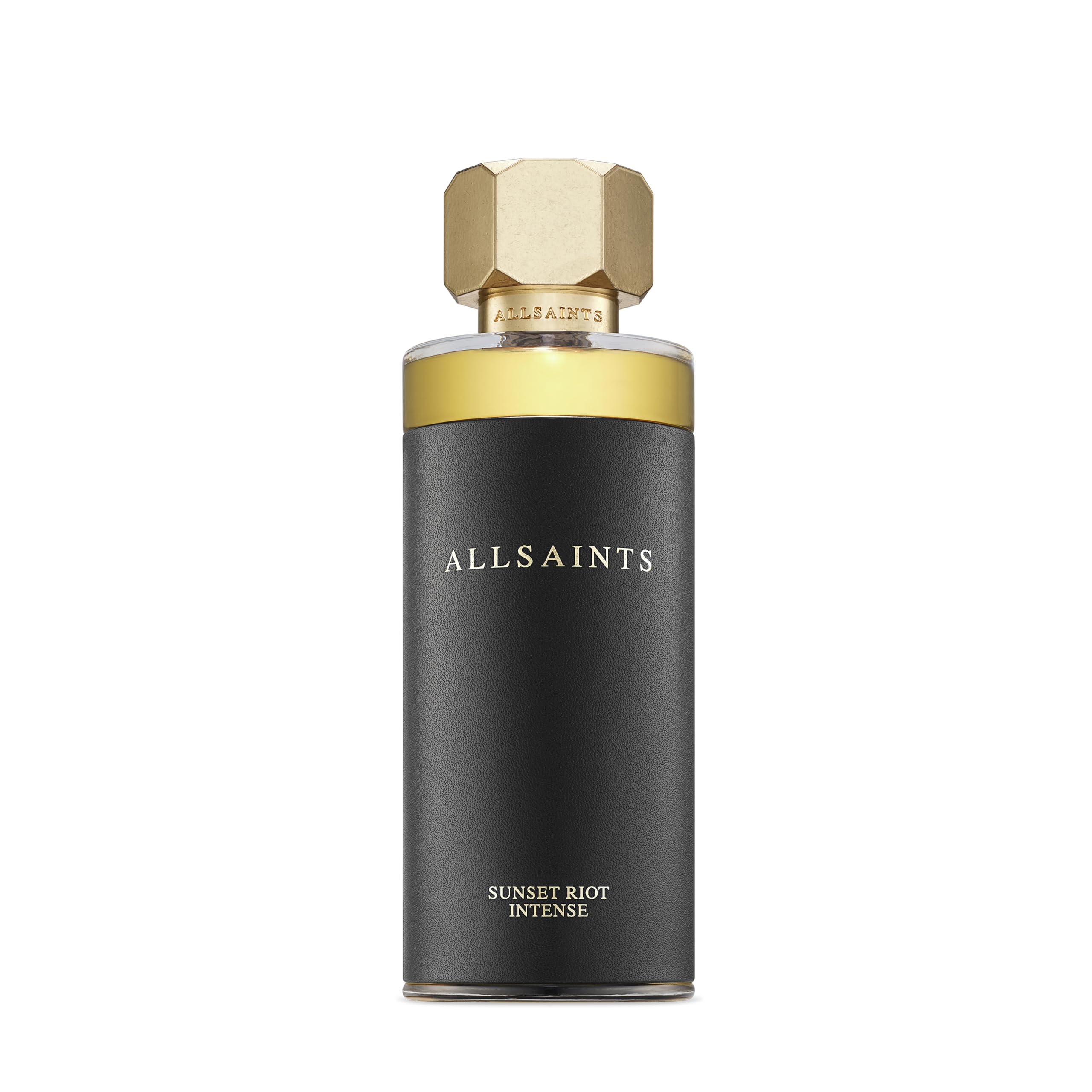 AllSaints Sunset Riot Intense bottle front reveals bold amber and cedar warmth for evening wear.
