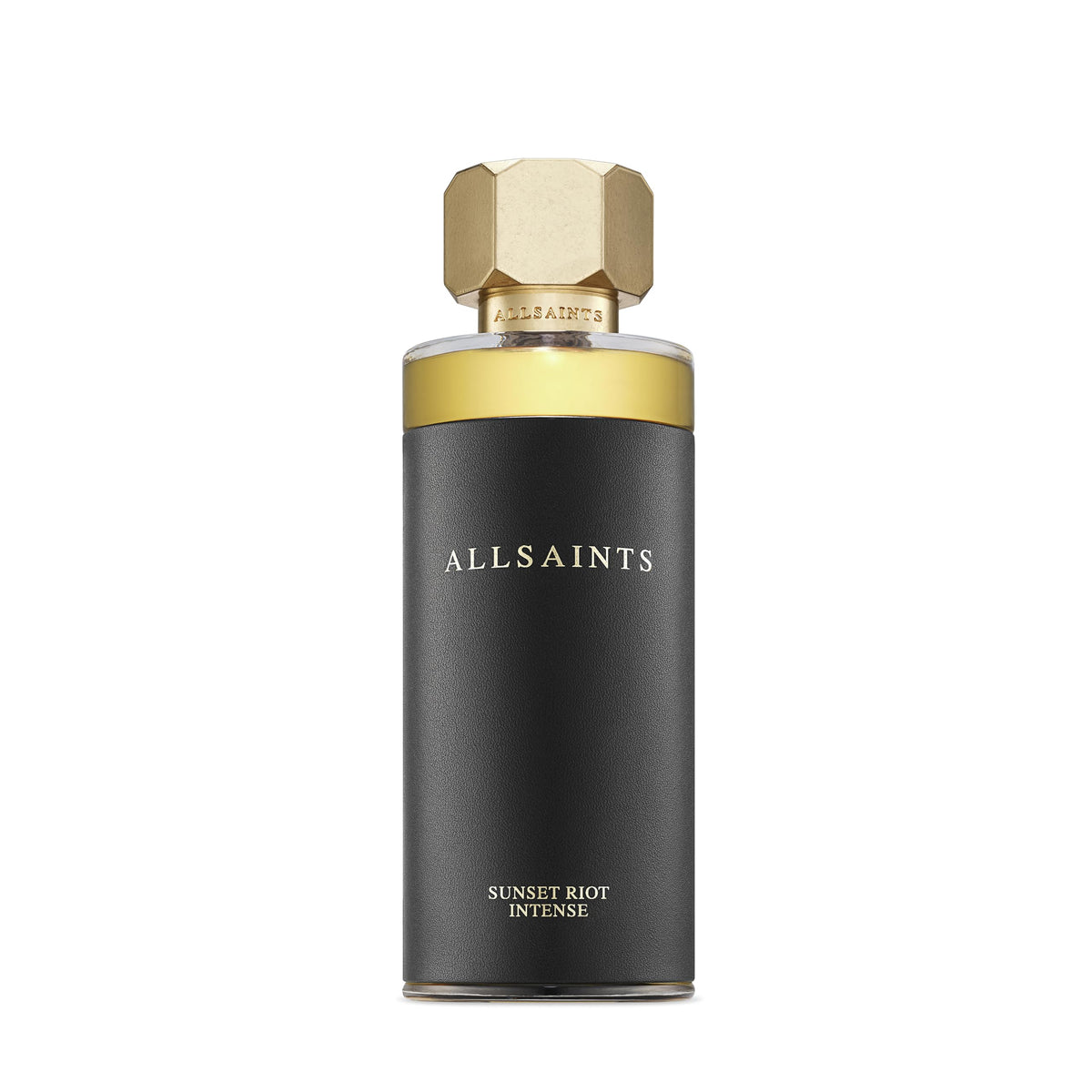 AllSaints Sunset Riot Intense bottle front reveals bold amber and cedar warmth for evening wear.