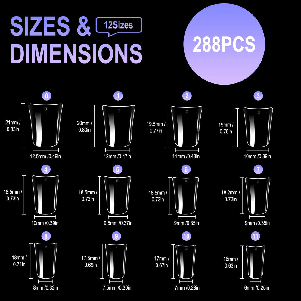 Allstarry duck nail tips 288 pieces in 12 sizes for precise fitting.