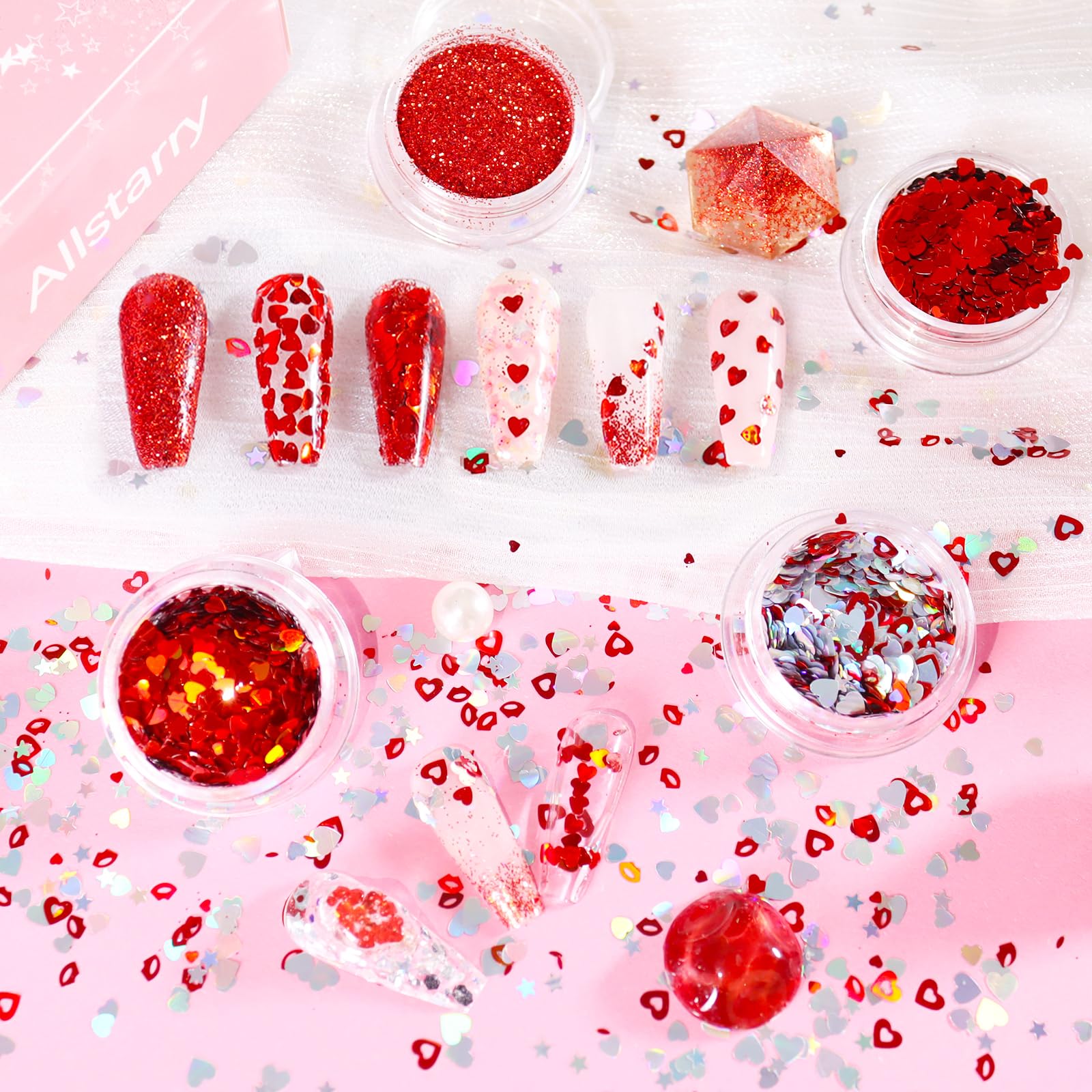 Allstarry holographic heart glitter suitable for dip, gel nails and crafts.