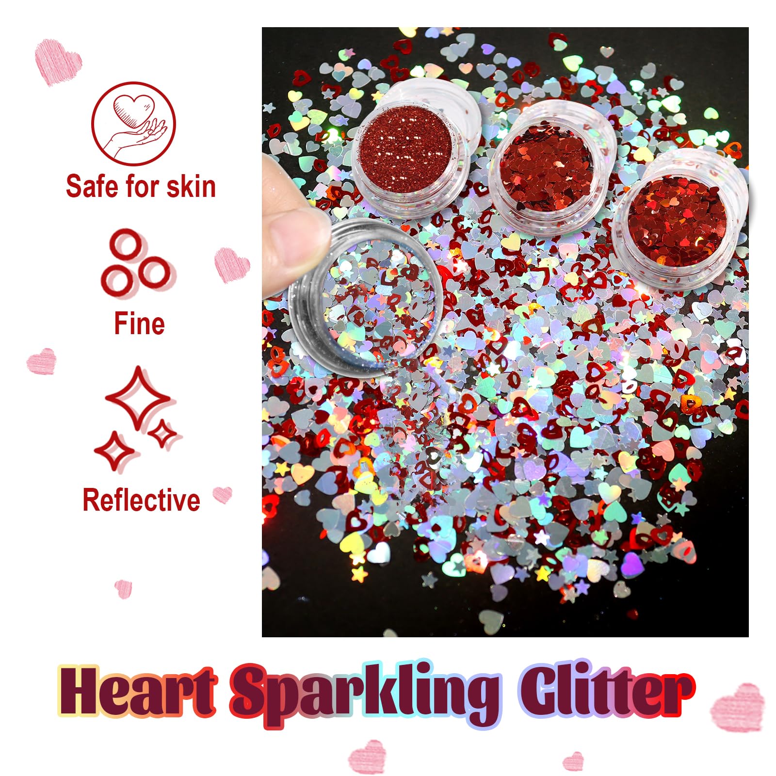 Allstarry red holographic heart decals for Valentine nails with vivid sparkle.