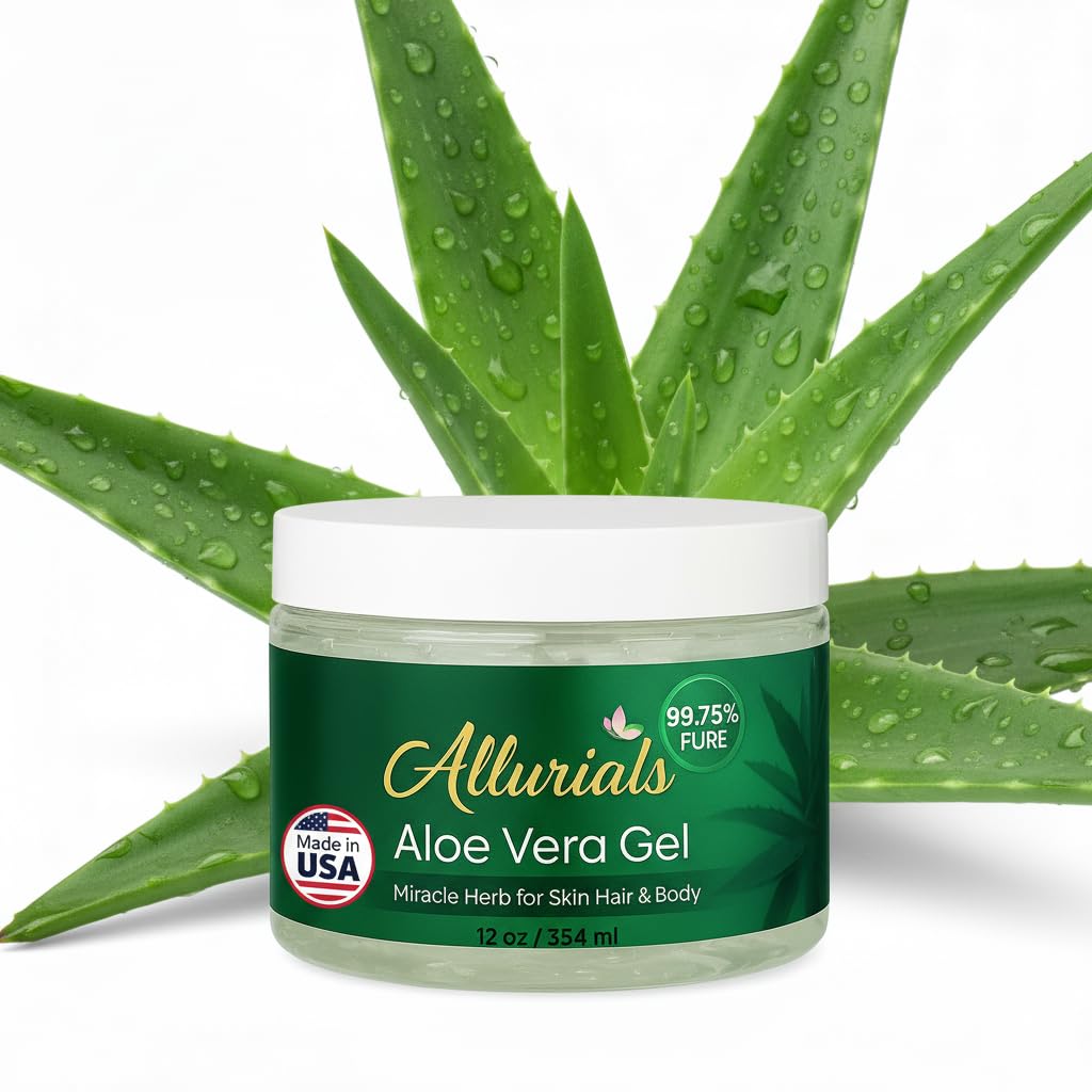 Allurials Aloe Gel bottle close-up showing pure, hydrating formula for skin.