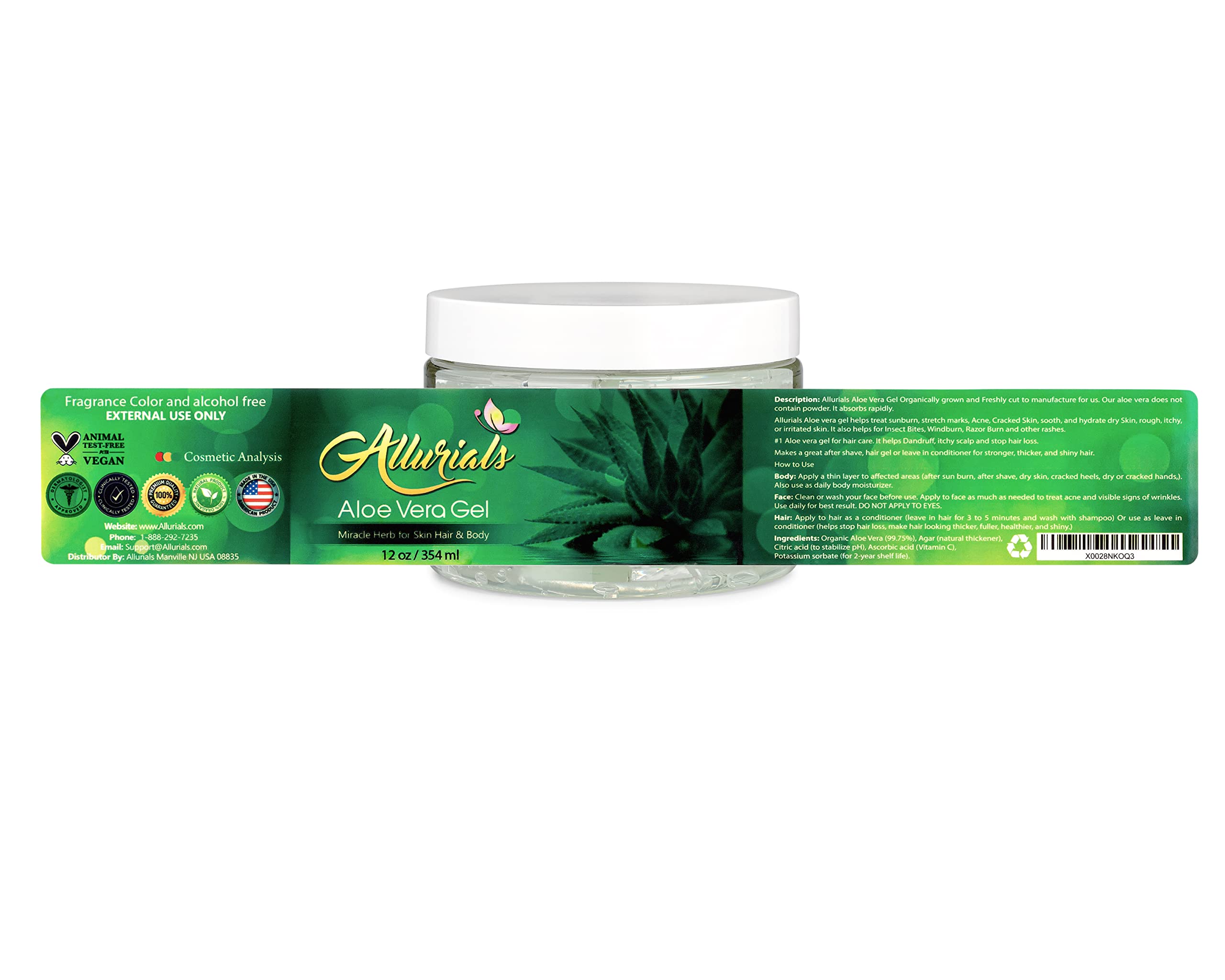 Allurials Aloe Gel packaging and label emphasize cruelty-free formula.