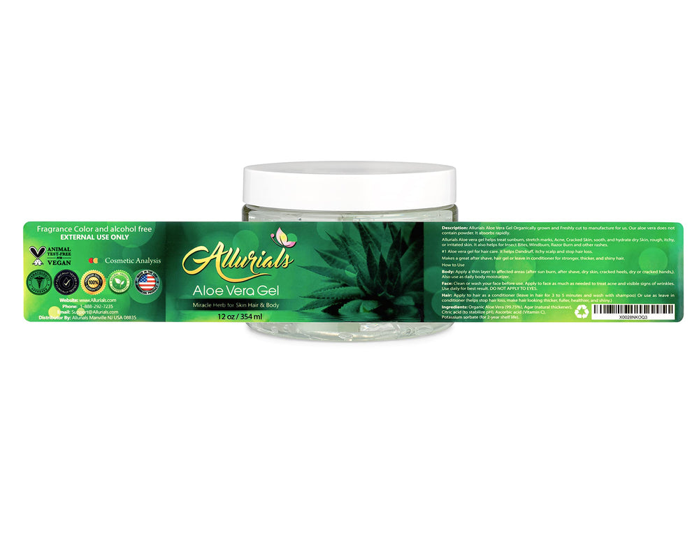 Allurials Aloe Gel packaging and label emphasize cruelty-free formula.