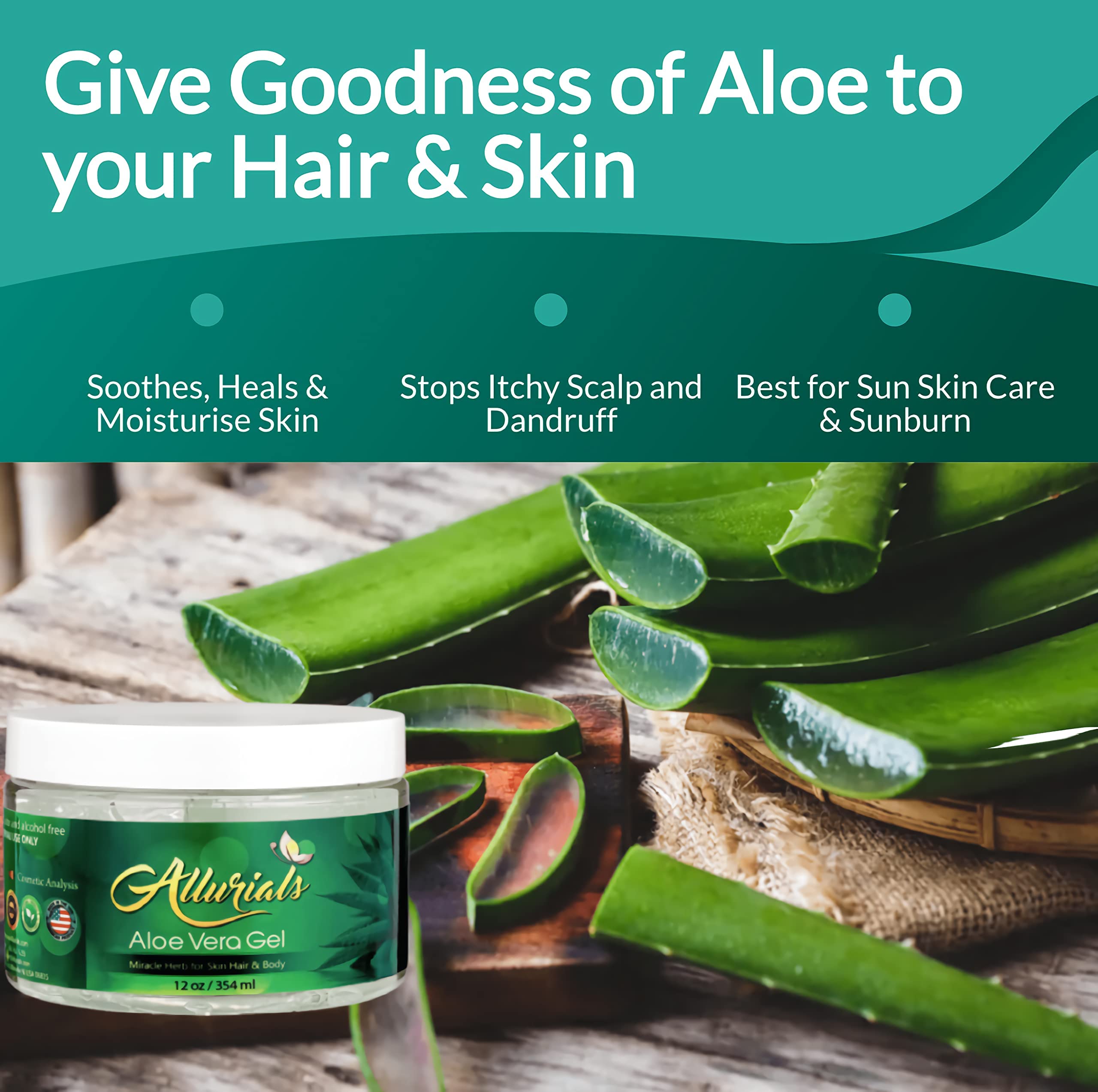 Allurials Aloe Leaf and bottle highlight natural origin.