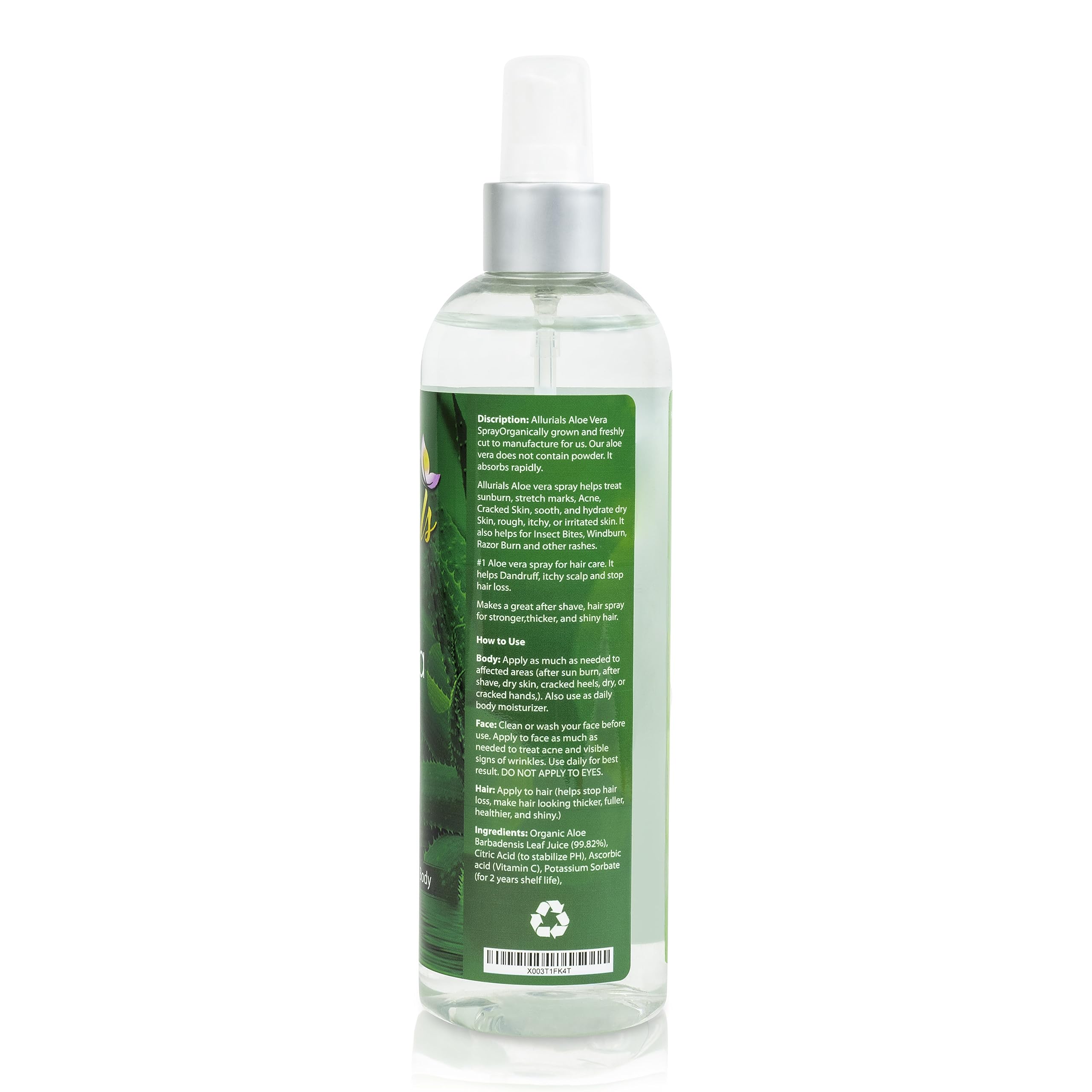 Allurials Aloe Vera Spray clinically tested bottle on shelf.