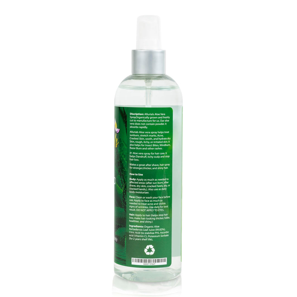 Allurials Aloe Vera Spray clinically tested bottle on shelf.