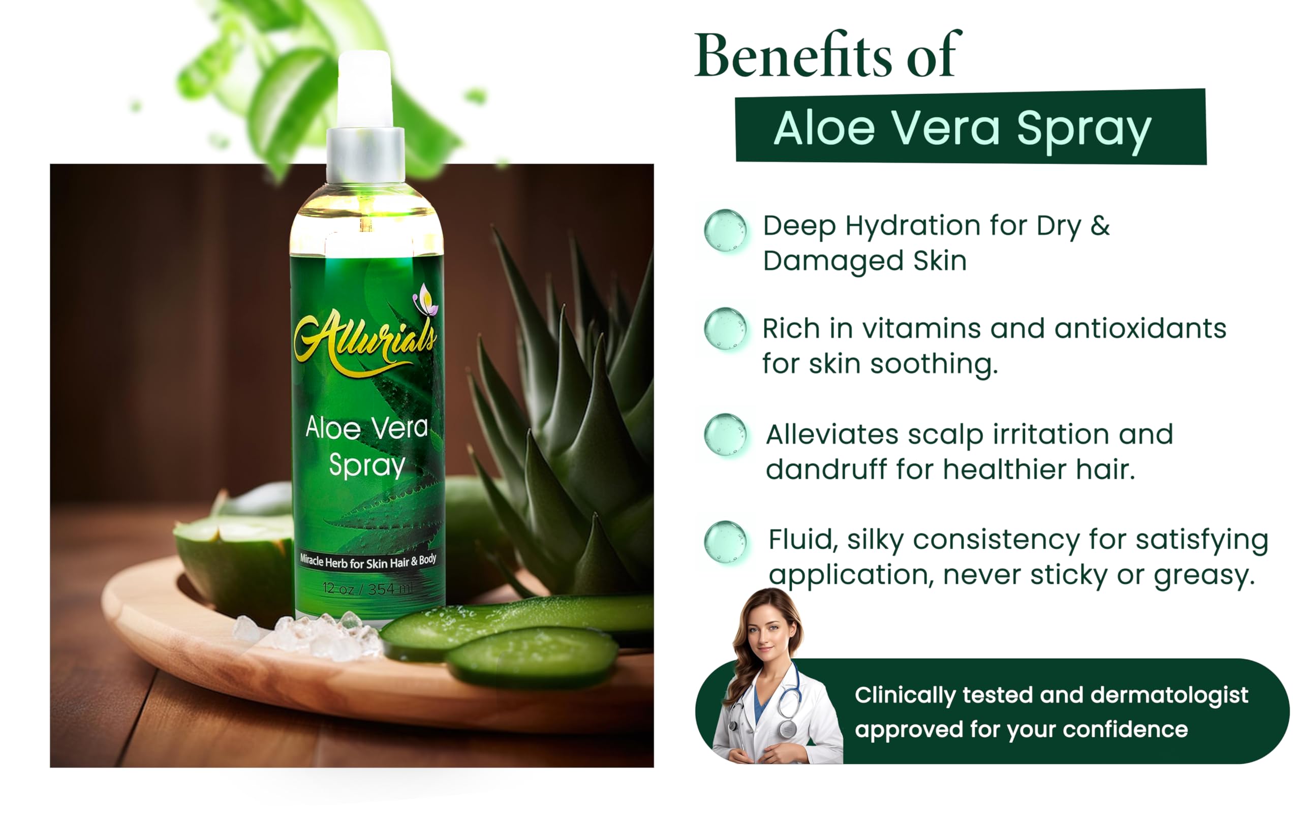 Allurials Aloe Vera Spray on hair to calm scalp and reduce irritation.