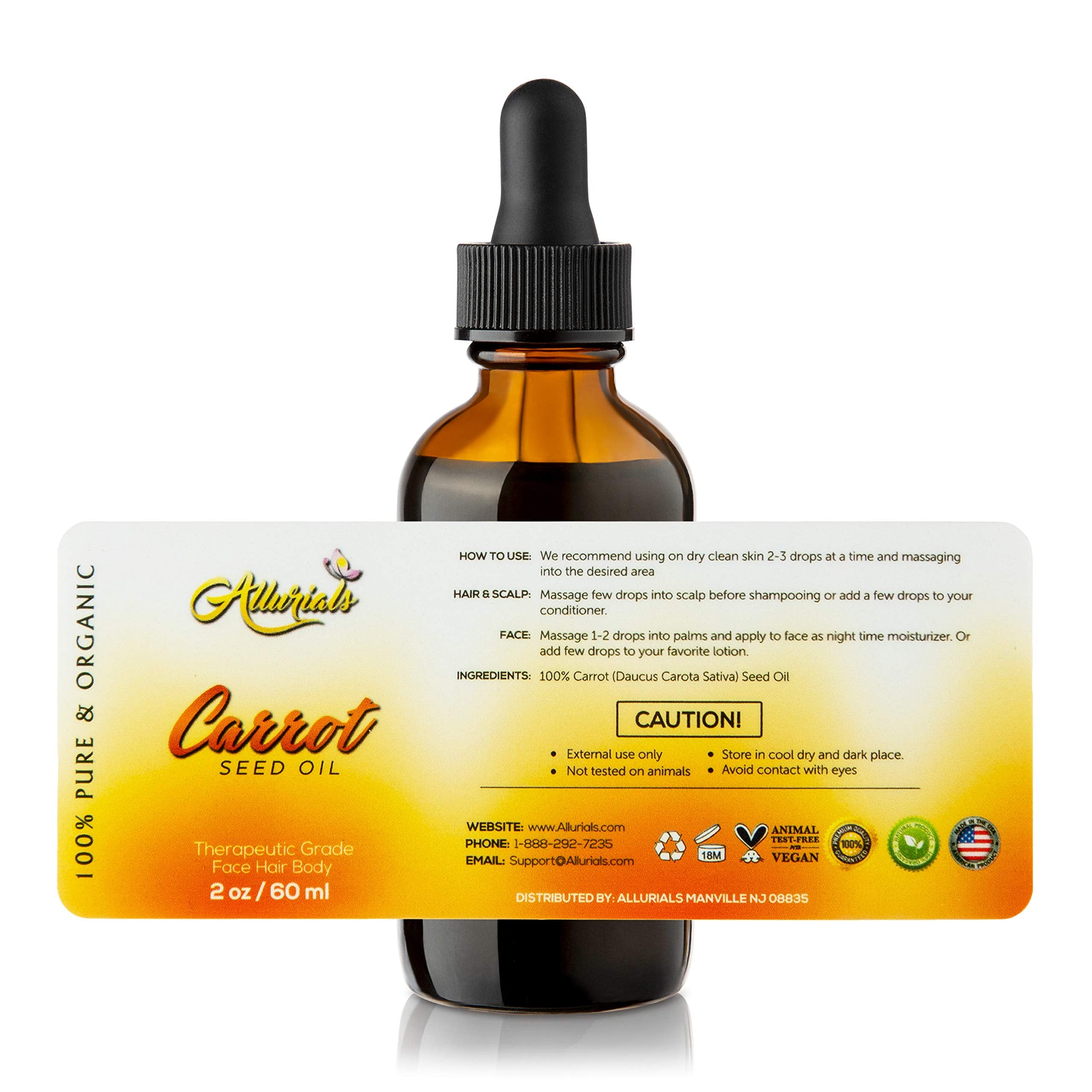 Allurials carrot seed oil 2oz packaging display suitable for daily skincare routines.