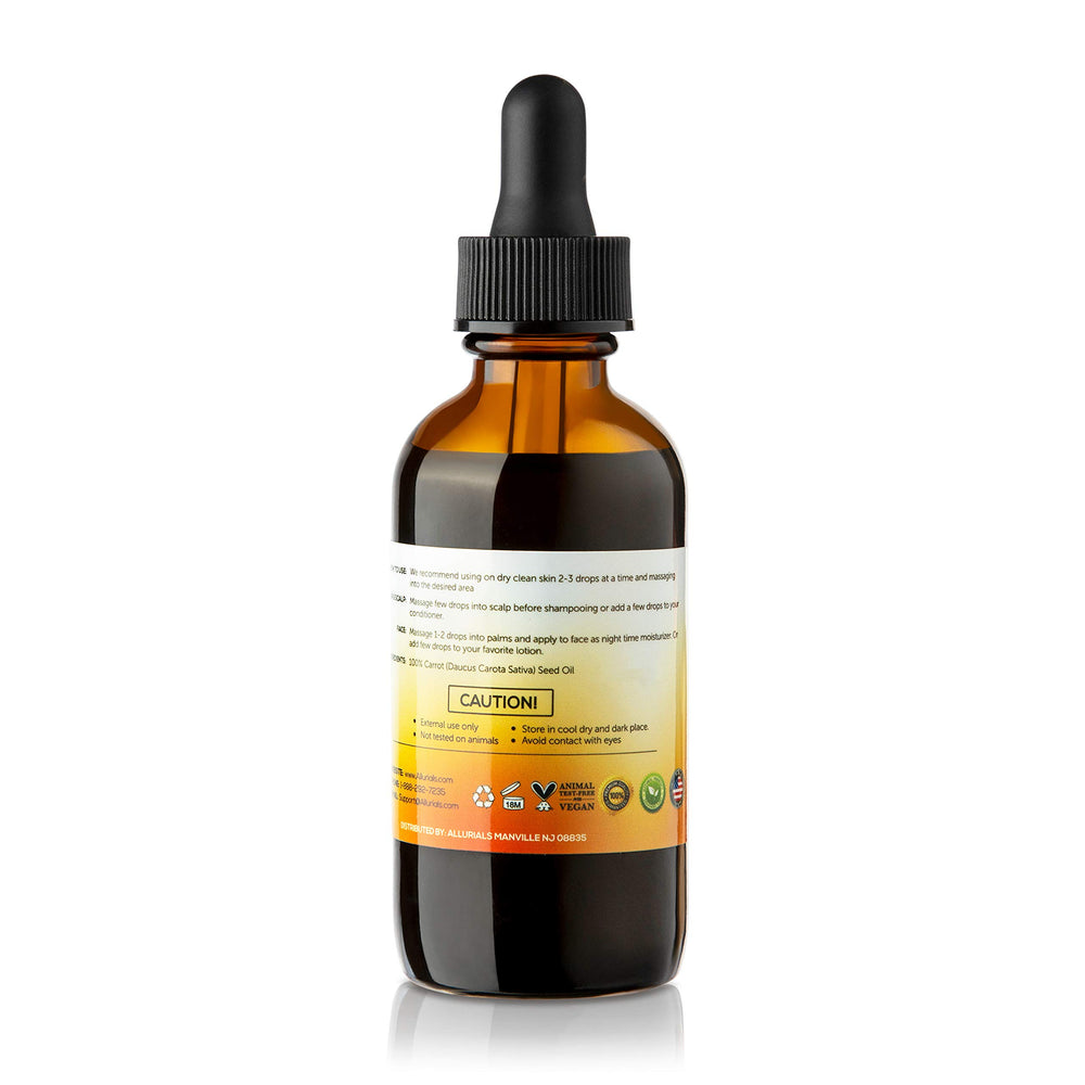 Allurials carrot seed oil application on scalp illustration suggests potential hair nourishment.